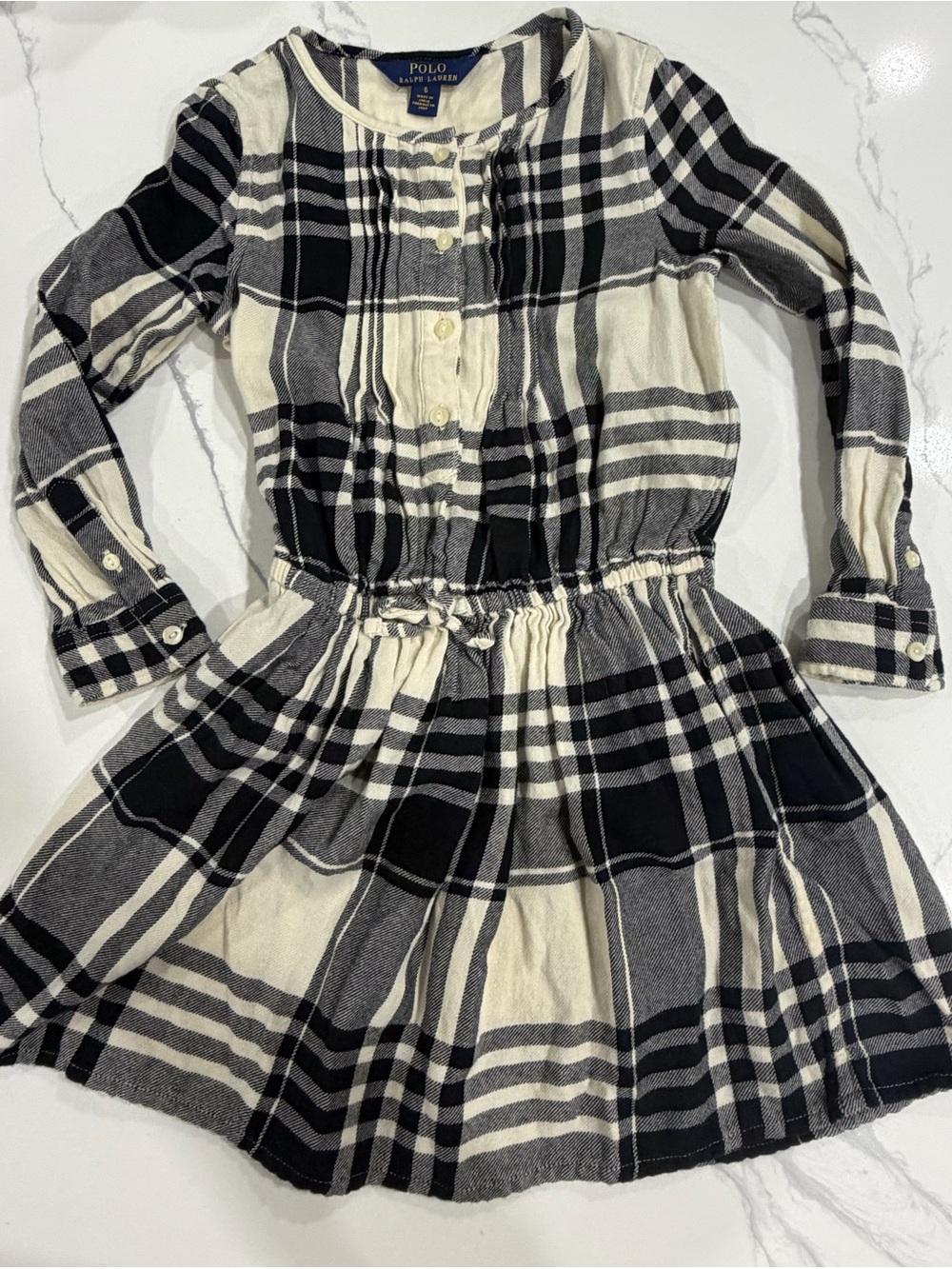 Polo Ralph Lauren Girls Size 6 Black Cream Plaid Cotton Twill Shirt Dress